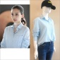 現貨 2018秋季新款 楊穎baby明星同款藍色條紋襯衫女百搭網紗上衣
